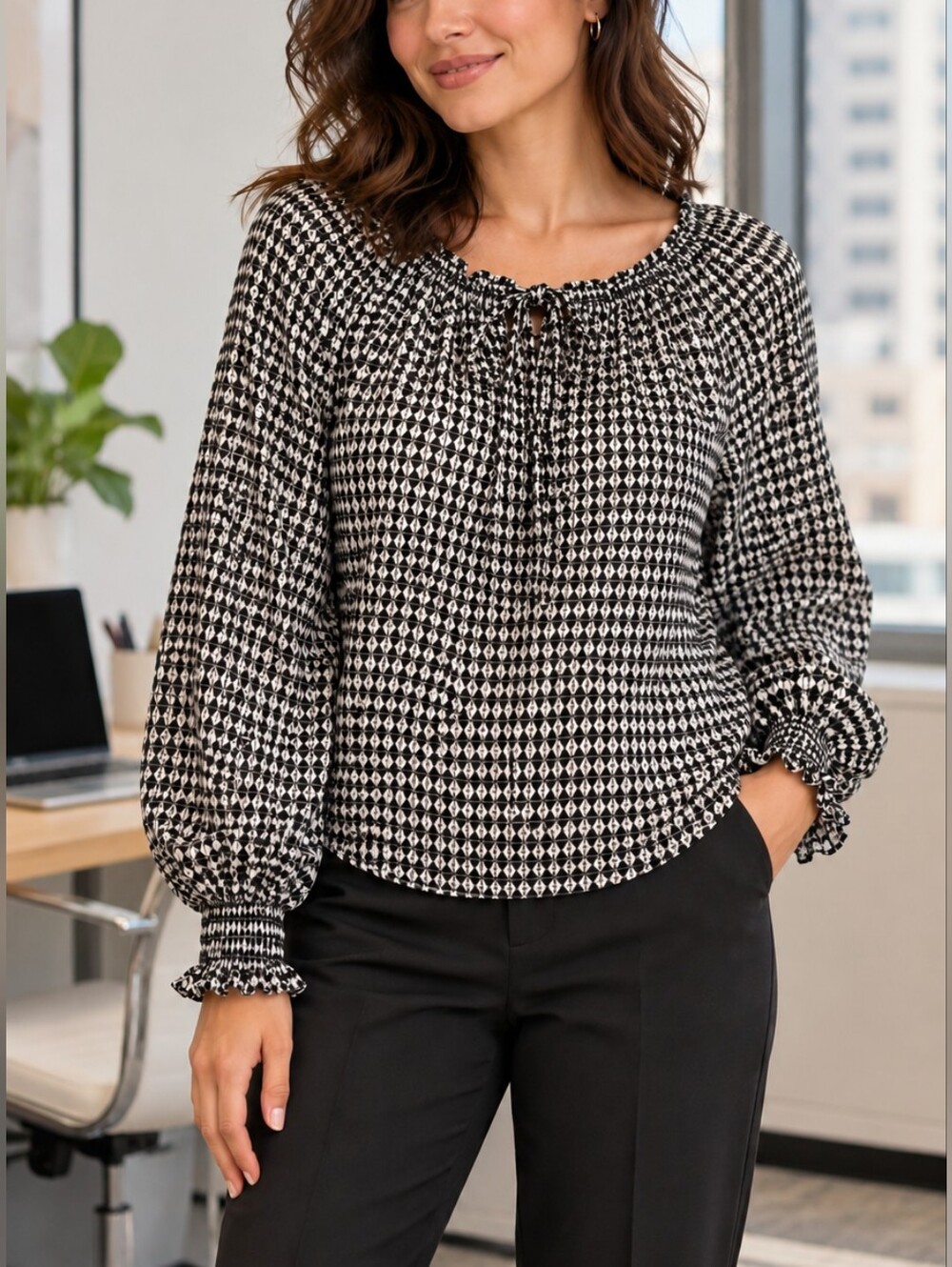 Max Studio Black White Geometric Print Smocked Peasant Blouse Size S